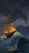 Scaricare immagine Water, Fantasy, Ships, Dragons, Fire sul telefono gratis.