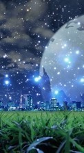 Scaricare immagine Fantasy, Cities, Moon, Sky, Night, Landscape, Grass, Stars sul telefono gratis.
