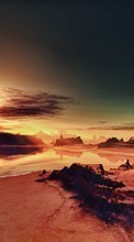 Scaricare immagine Fantasy, Mountains, Sea, Landscape, Sunset sul telefono gratis.