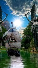 Scaricare immagine Fantasy, Ships, Sea, Clouds, Landscape, Sun, Transport sul telefono gratis.