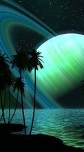 Scaricare immagine Fantasy, Sea, Sky, Night, Palms, Landscape, Planets sul telefono gratis.