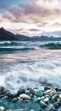 Scaricare immagine Mountains, Sea, Clouds, Landscape, Waves sul telefono gratis.