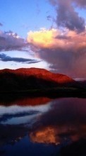 Scaricare immagine Mountains, Sky, Clouds, Landscape, Water, Sunset sul telefono gratis.