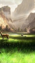 Scaricare immagine Mountains, Deers, Landscape, Rivers, Pictures, Animals sul telefono gratis.