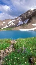 Scaricare immagine 320x480 Landscape, Grass, Mountains, Lakes sul telefono gratis.