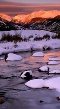 Scaricare immagine Mountains, Landscape, Rivers, Snow, Sunset, Winter sul telefono gratis.