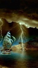 Scaricare immagine Ships, Lightning, Sea, Night, Landscape, Transport sul telefono gratis.