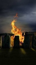 Scaricare immagine 240x320 Landscape, Bonfire, Moon, Stonehenge sul telefono gratis.