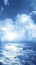 Scaricare immagine Lightning, Sea, Clouds, Landscape, Waves sul telefono gratis.