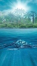 Scaricare immagine Sea, Palms, Landscape, Sun, Water, Waves sul telefono gratis.