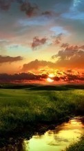 Scaricare immagine Landscape, Rivers, Sunset, Grass, Sky, Sun sul telefono gratis.