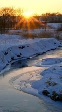 Scaricare immagine Landscape, Rivers, Snow, Sunset, Winter sul telefono gratis.